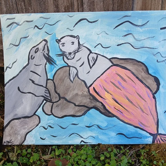 Sea Lions Mermaid Painting Folk Art - Picture 11 of 14